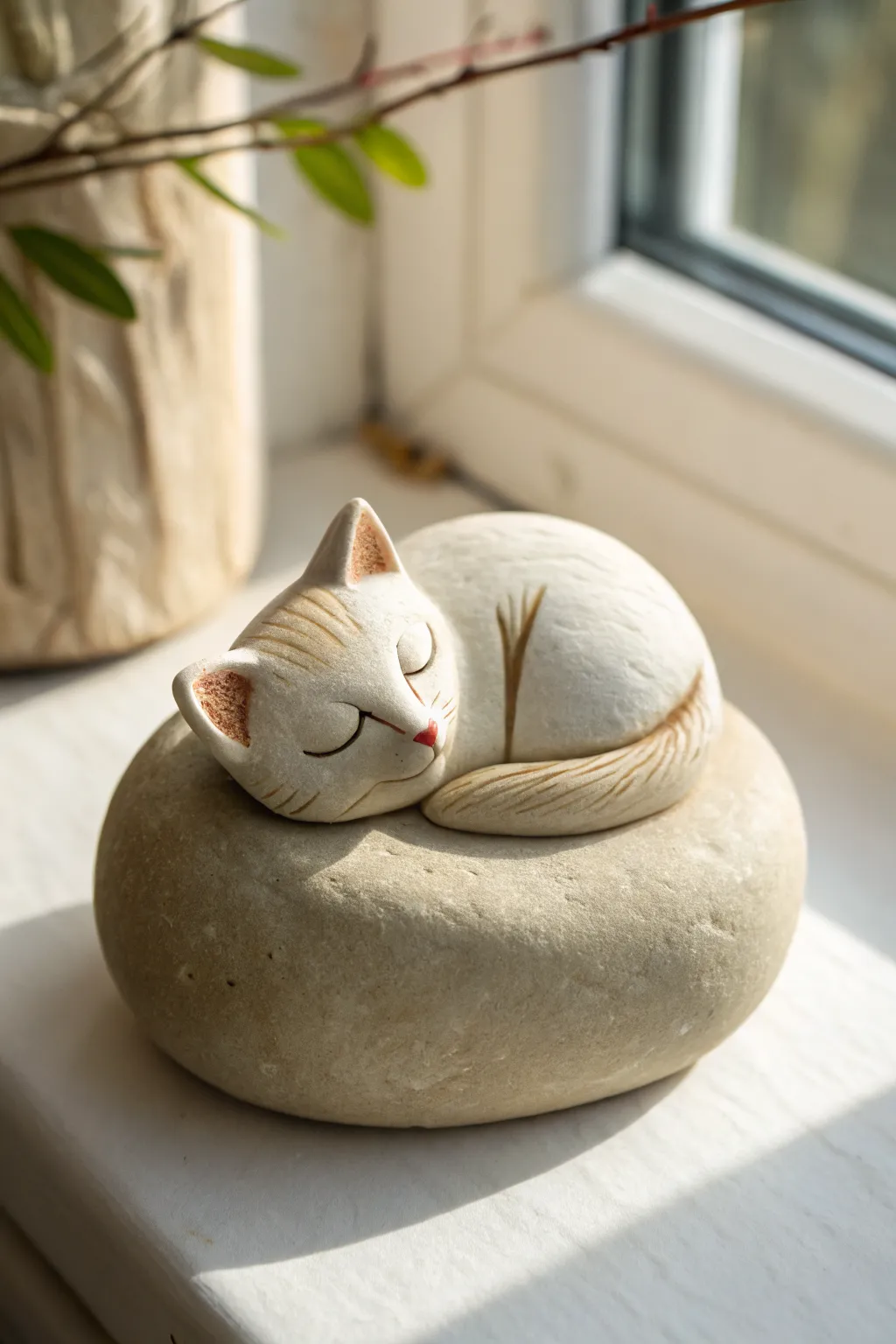 Tiny sleepy clay cat on a smooth pebble base, minimalist and calming decor inspiration.