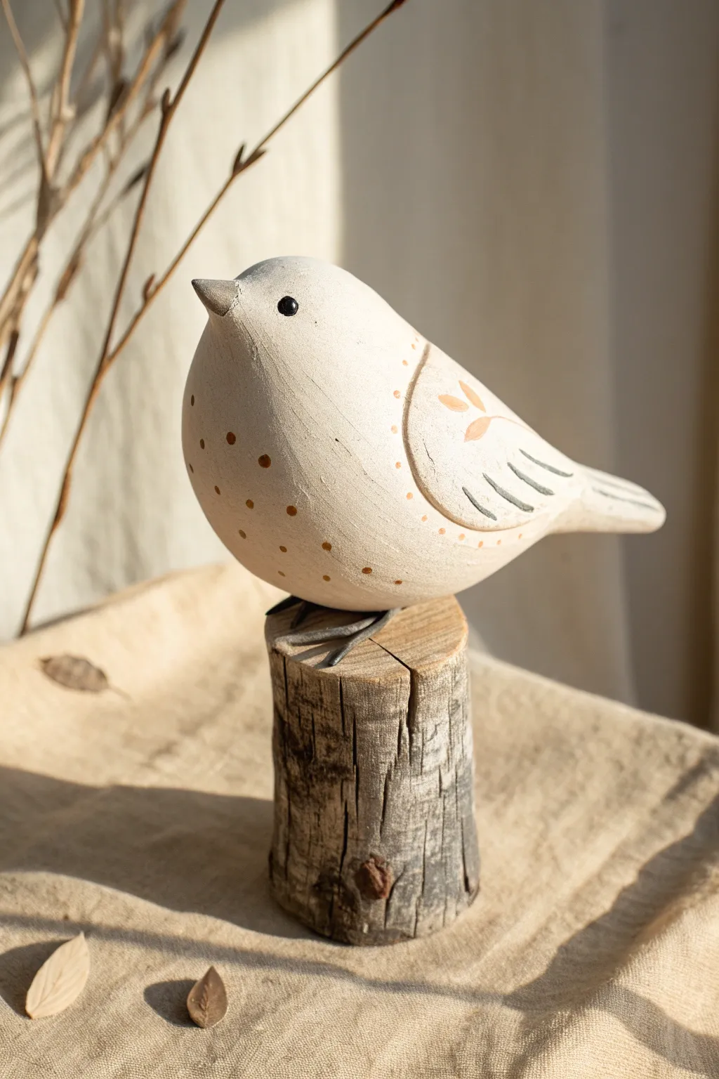 Minimalist air dry clay bird on a branch, a calm Scandinavian boho accent for your shelf