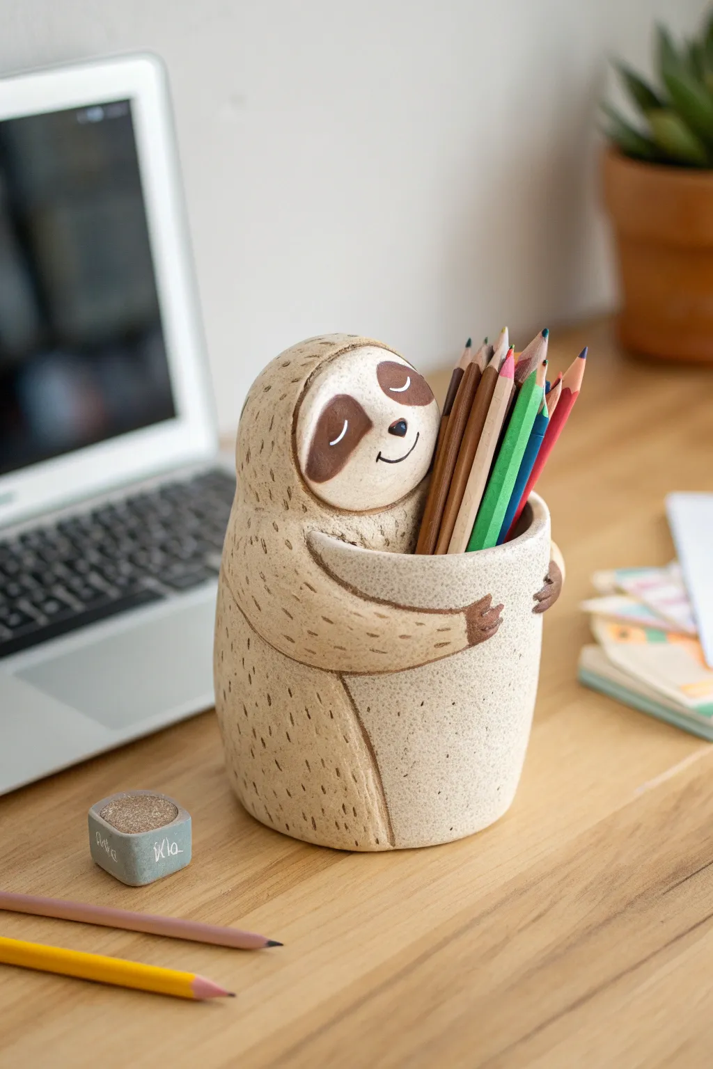 Sweet sloth pencil holder made from air-dry clay, a kid-friendly desk buddy in calm neutrals.