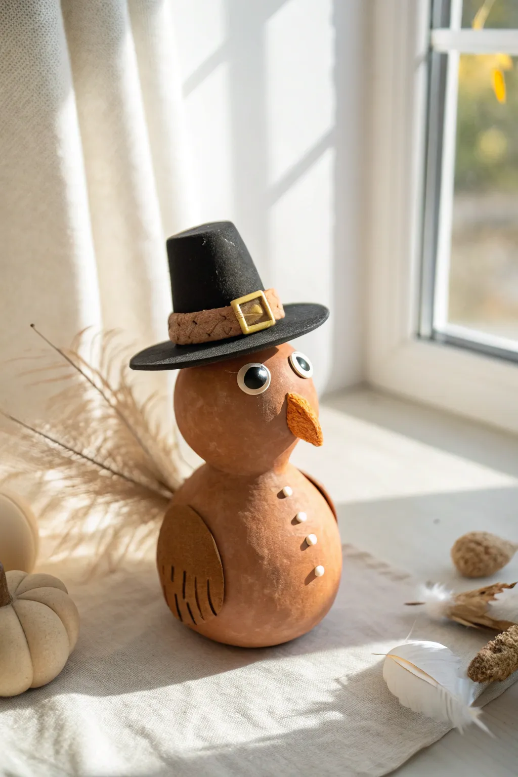 Cute air dry clay turkey in a pilgrim hat, minimalist Thanksgiving decor with cozy boho charm.