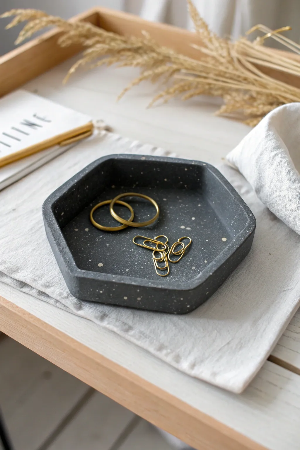 Minimal charcoal hexagon clay tray to store rings and paper clips with clean Scandinavian charm.