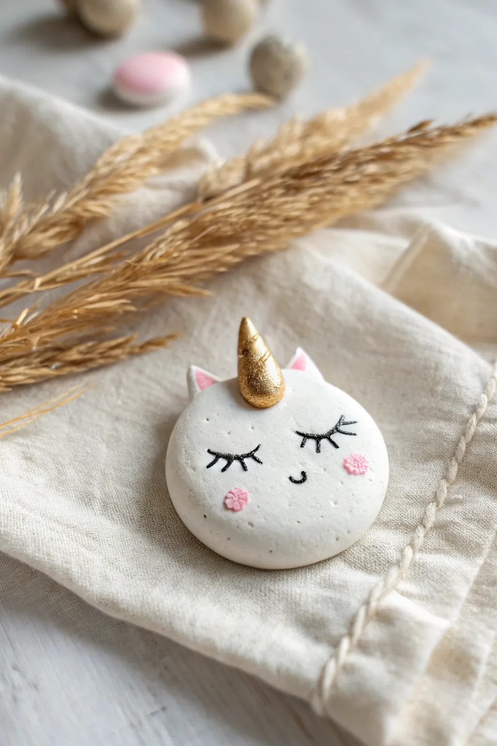 Sleepy air dry clay unicorn pocket token with tiny gold horn, minimal and calming.