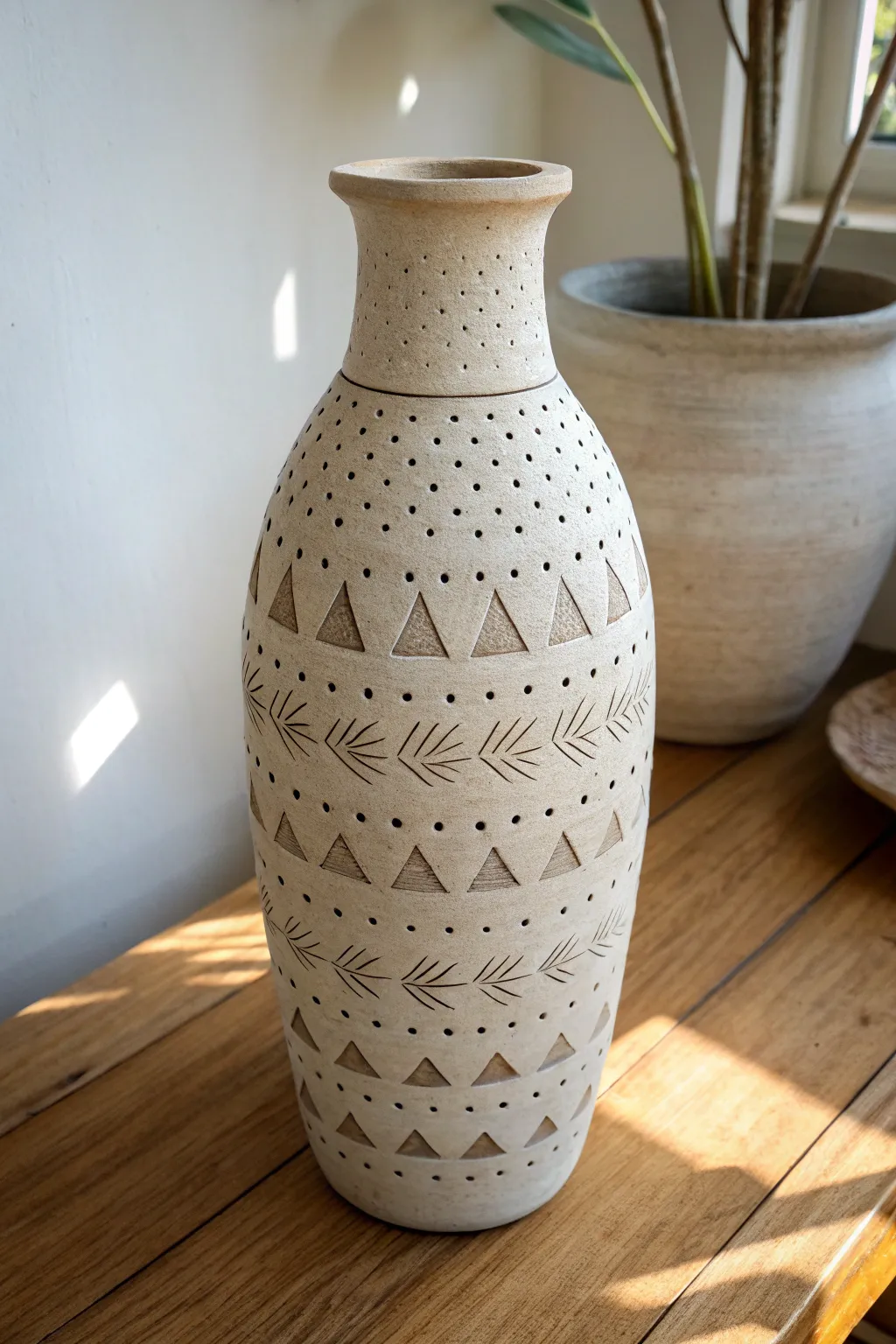 Stamped repeat motifs give this air dry clay vase a cozy handmade look with minimalist Scandi style.