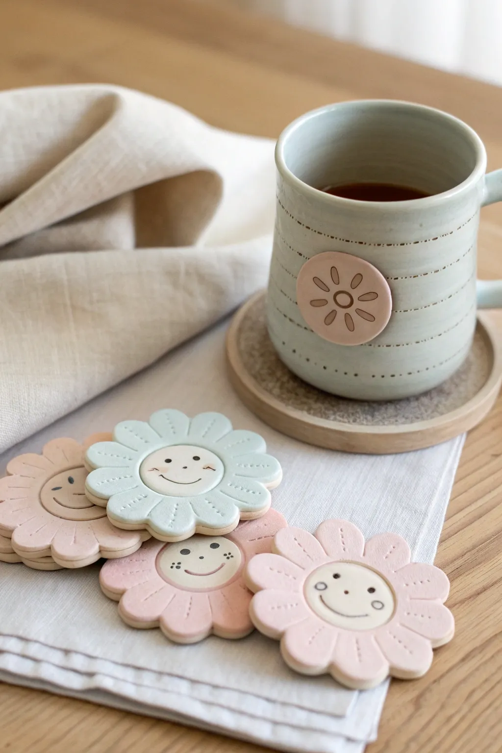 Pastel flower coasters with tiny faces, stacked beside a warm mug for cozy minimalist vibes.