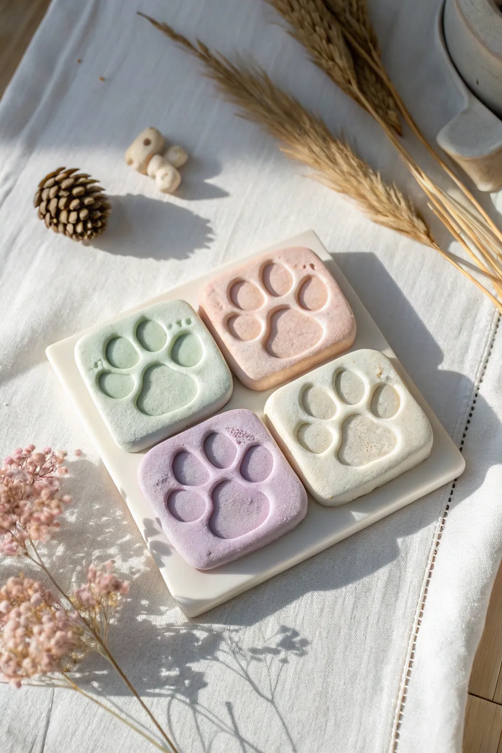 Four pastel puffy cat paw magnets in foam clay, neatly arranged for a minimalist cute accent.