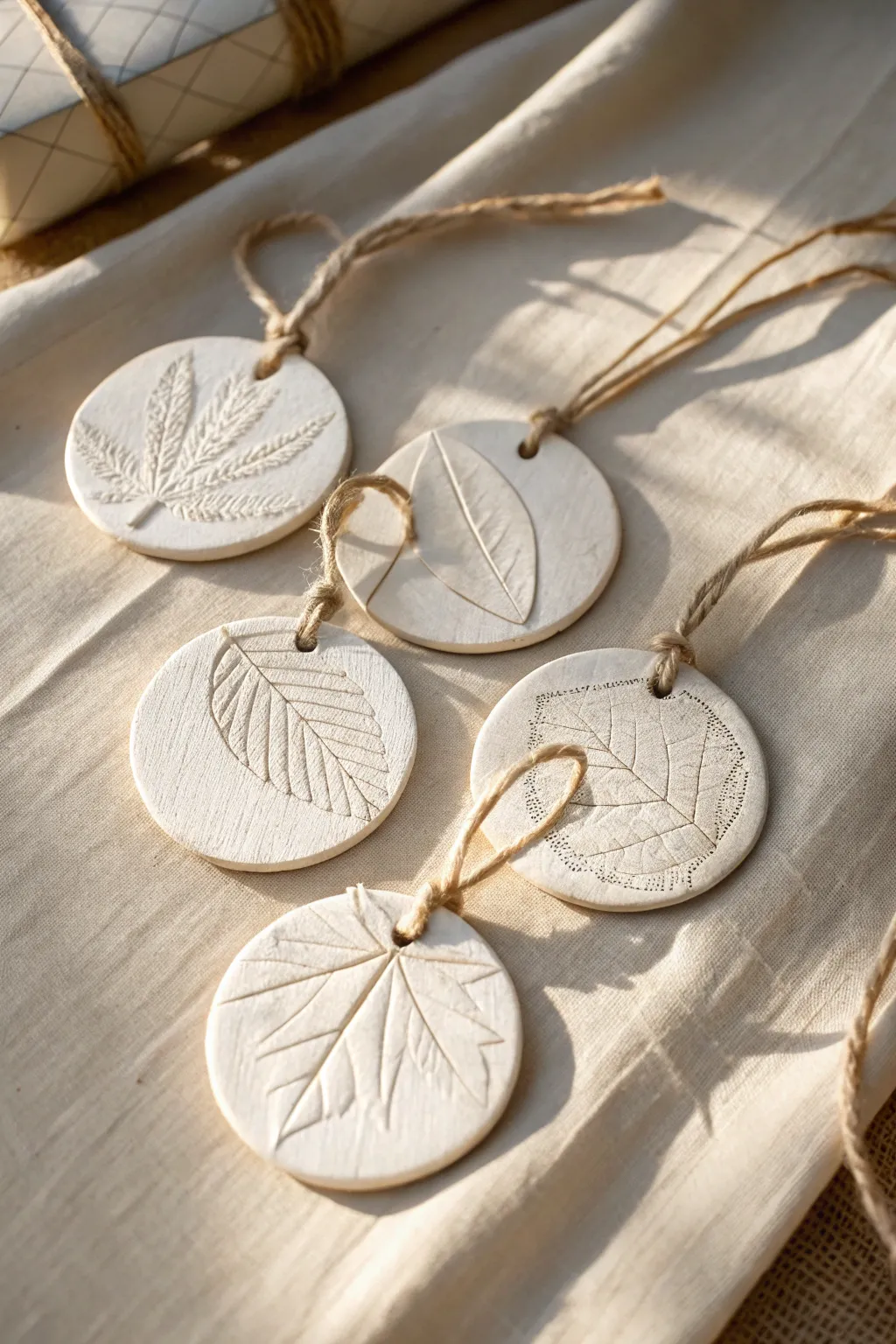 Simple leaf-imprint air dry clay ornaments, a minimalist boho touch for effortless decor.