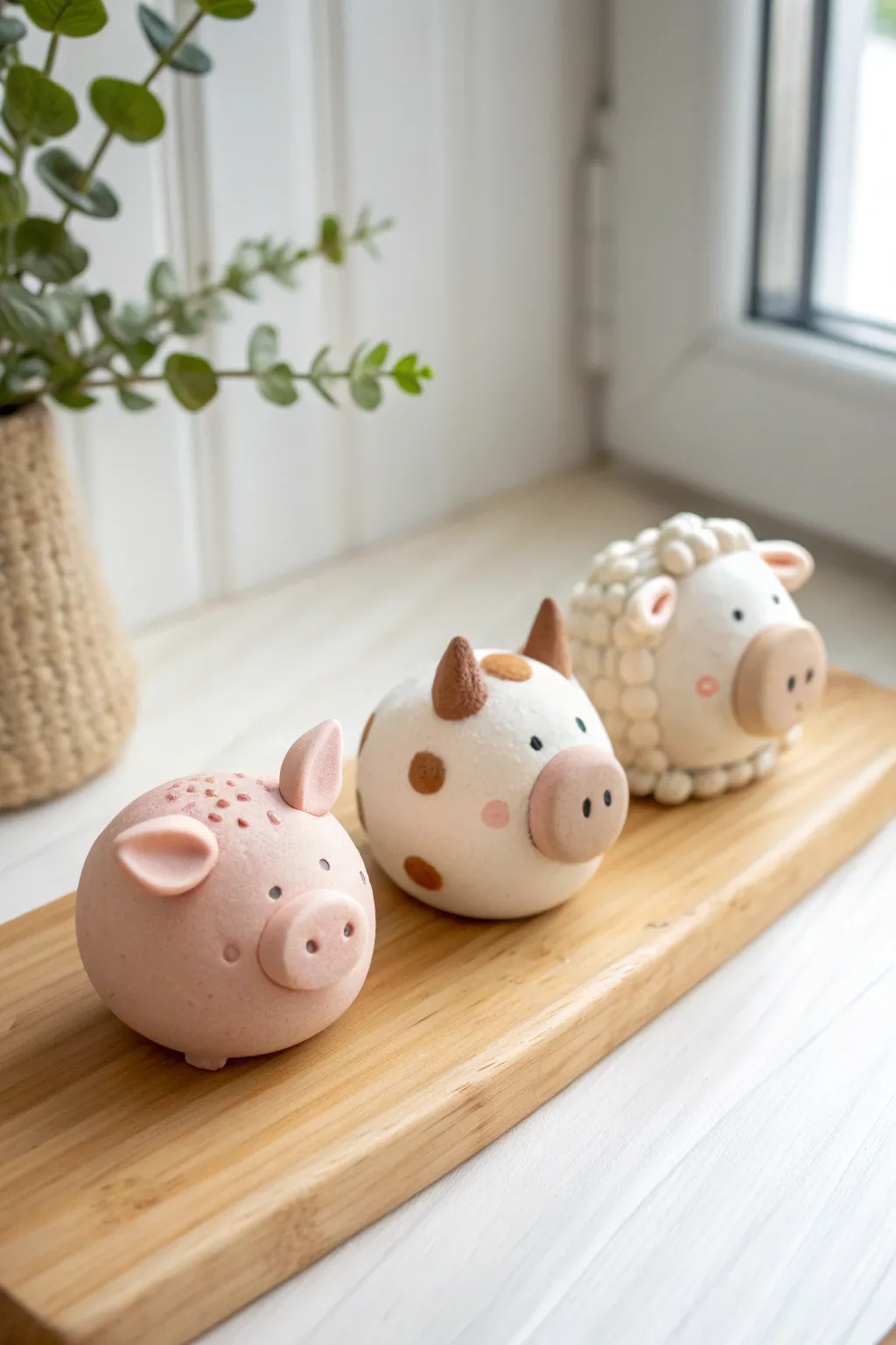 A sweet farm animal trio set in pastel clay, minimal and cozy with handmade charm