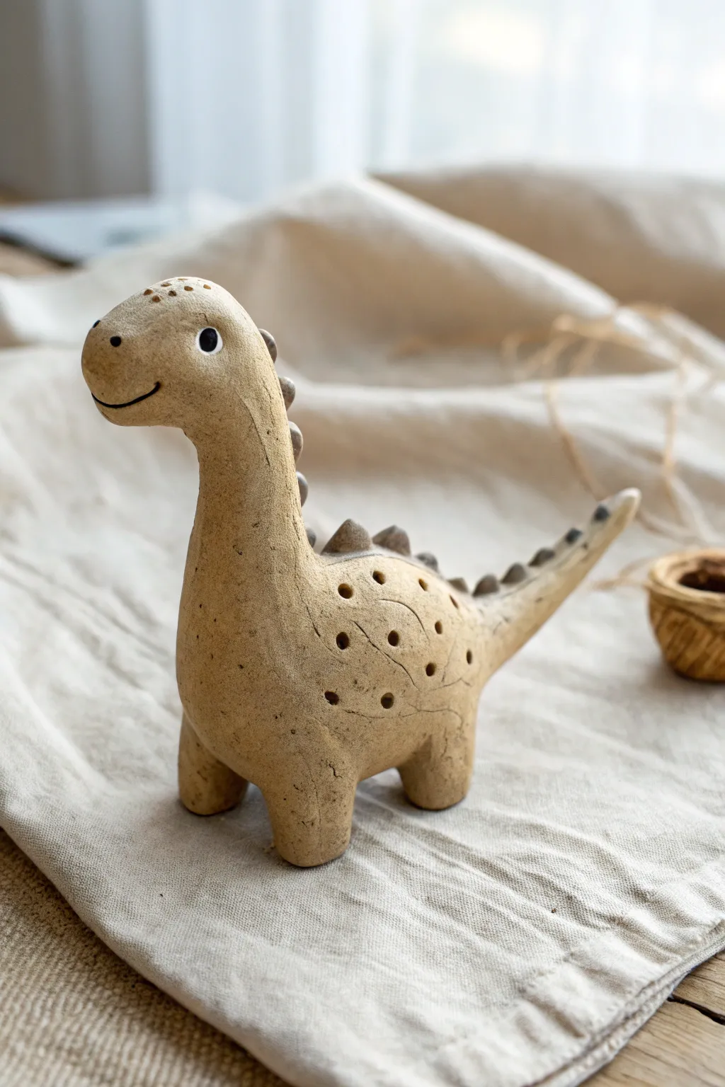 Chunky dinosaur clay whistle with a tail mouthpiece and subtle scale texture in warm matte tones.