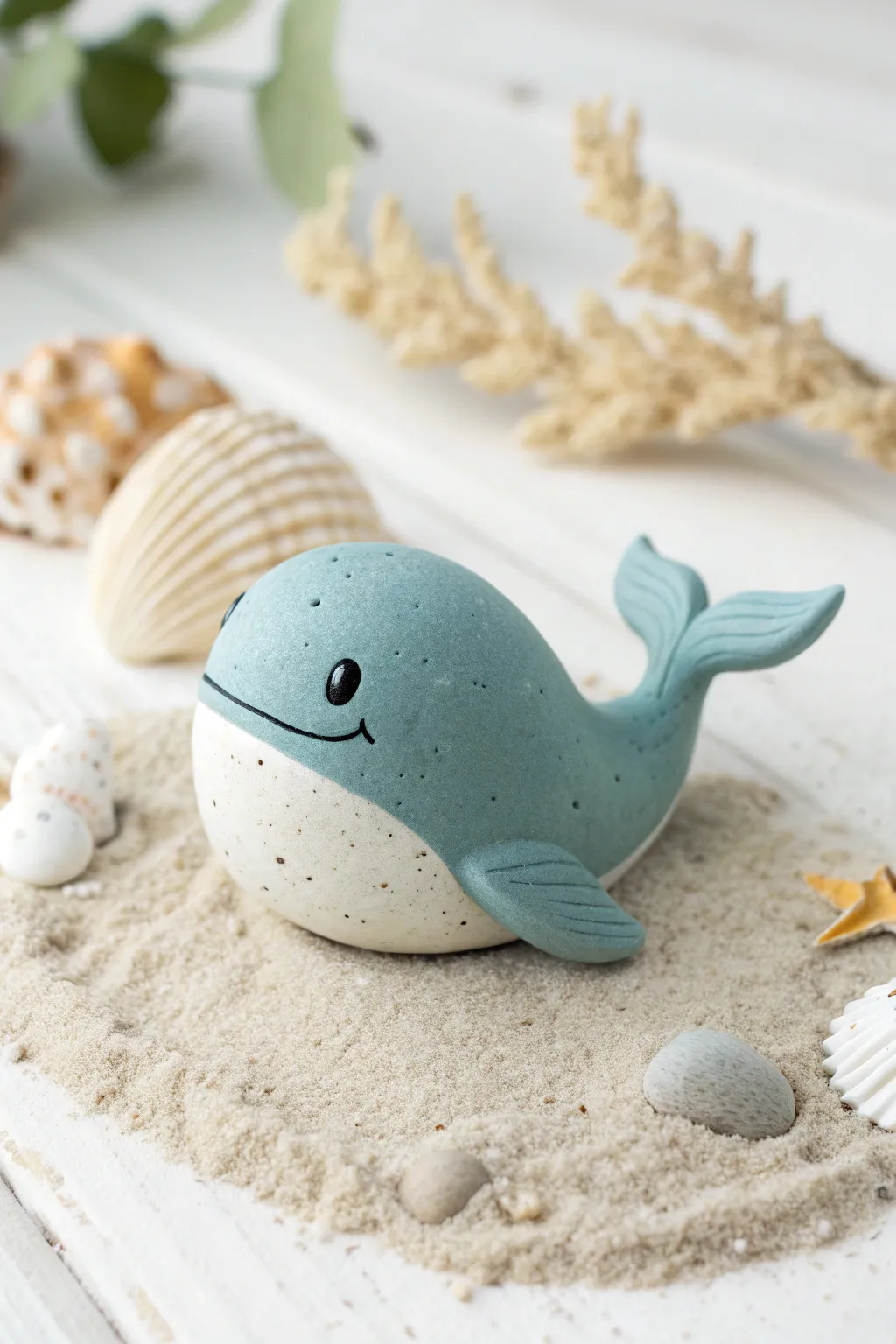 Pocket-size clay whale with a contrasting belly patch, shown next to a hand for scale