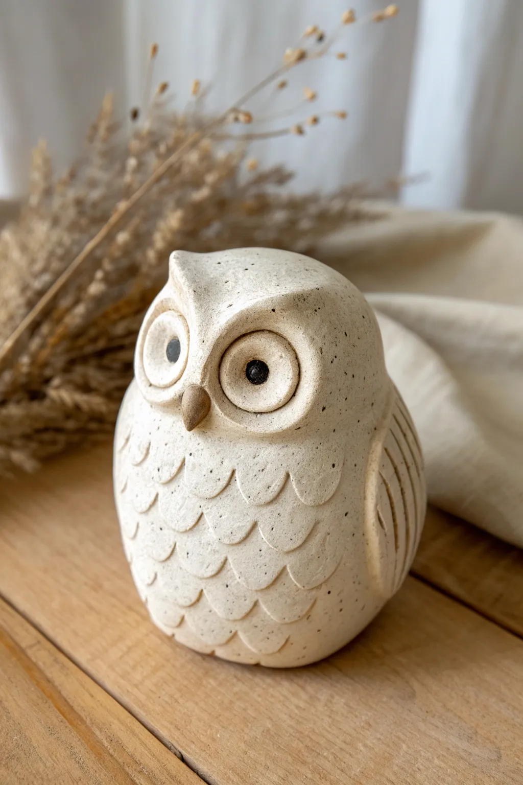 Chunky stamped-feather owl: a sweet, beginner-friendly clay figurine for cozy shelves.