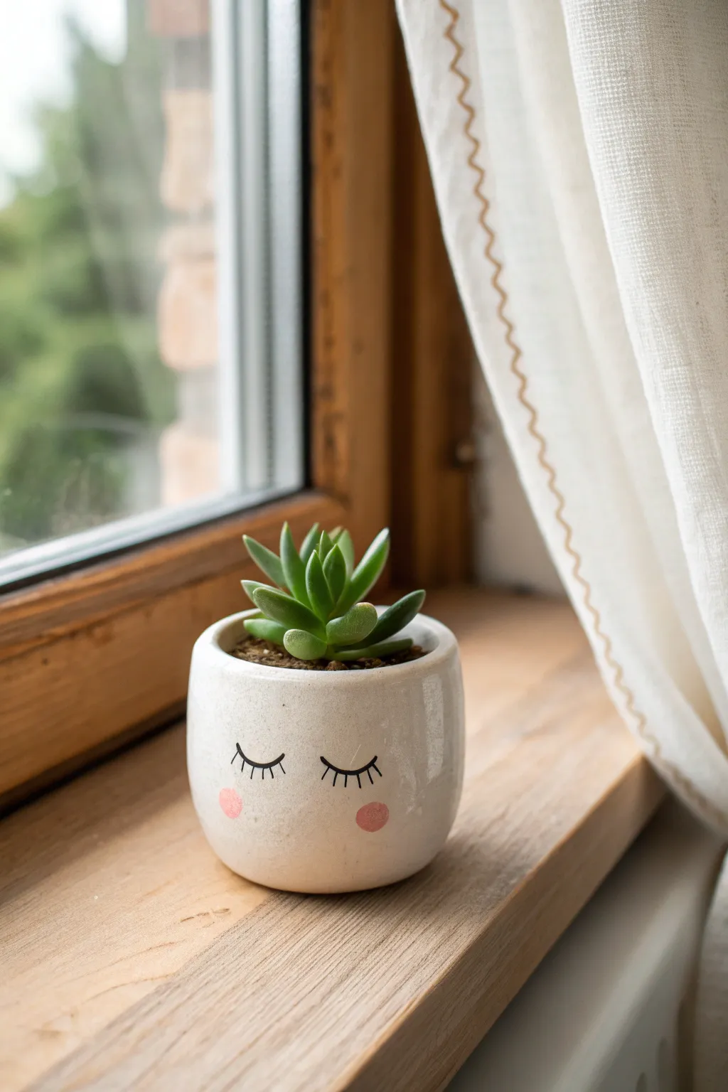 Sleepy face mini planter with rosy cheeks, adding cozy Scandinavian charm to any sunny sill.