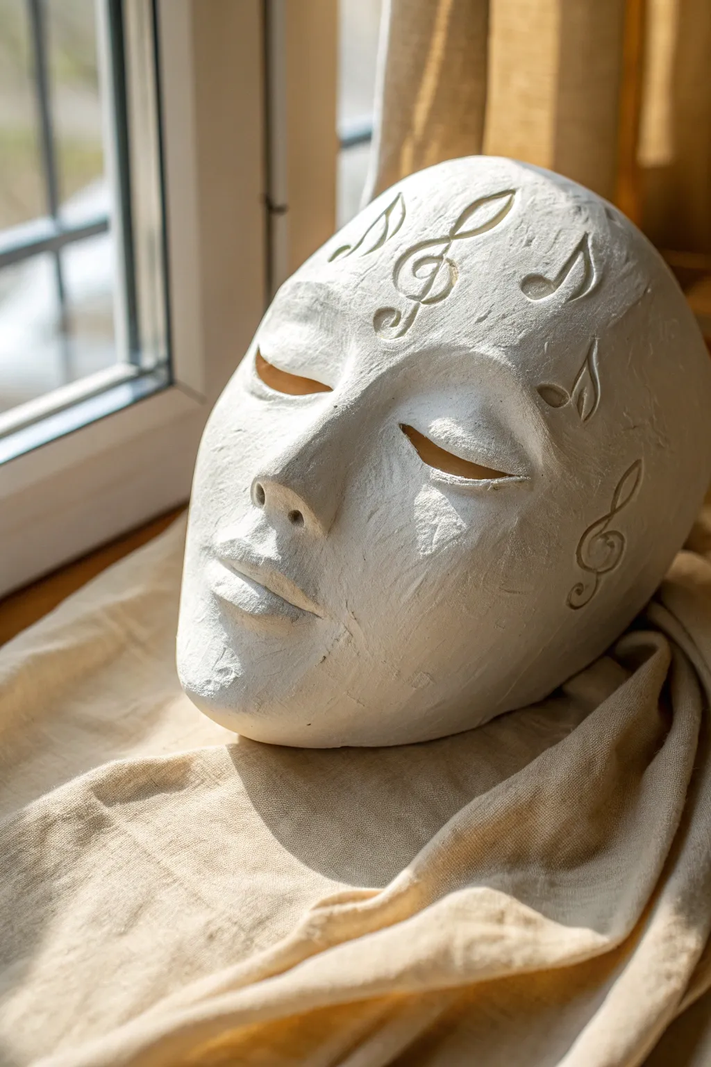 Elegant music-themed clay face mask with raised notes, clean Scandinavian minimalism and boho calm.