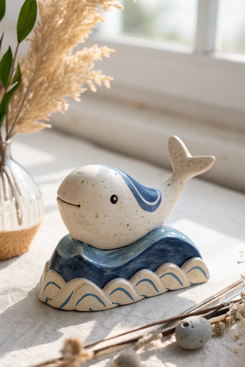 Mini clay whale on a wave base in two calming tones, minimalist Scandinavian charm, boho warmth