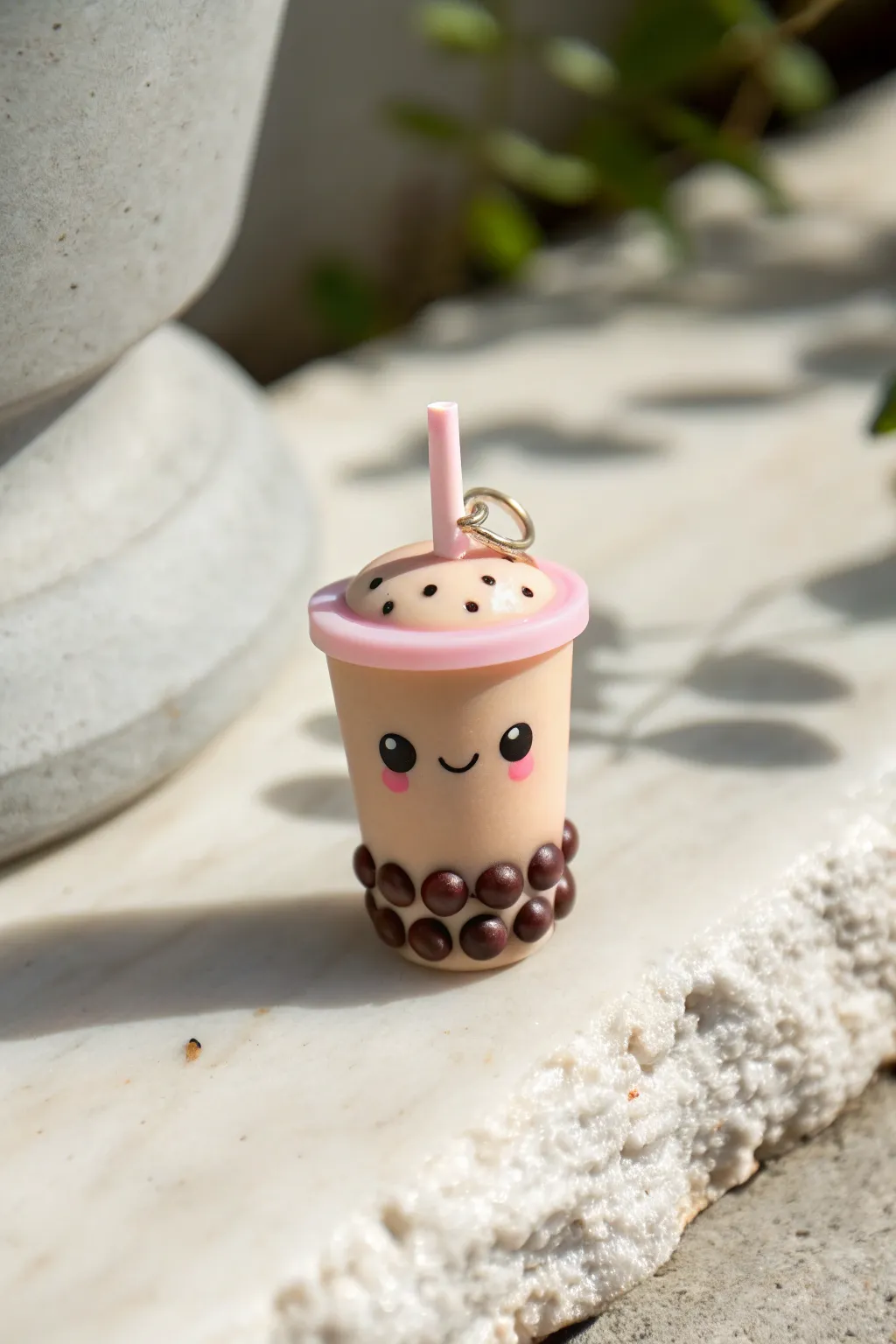 Sweet bubble tea cup charm in pastel clay, simple and cute with bold boba details.
