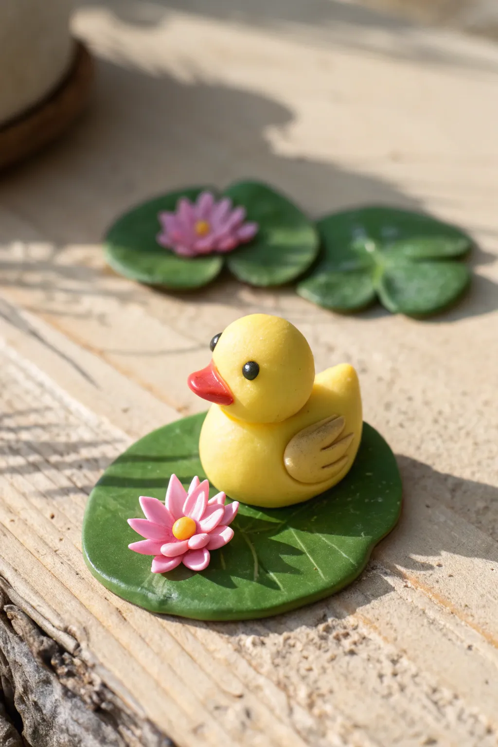 Tiny clay duck on a lily pad with a pink bloom, sweet minimalist decor inspiration