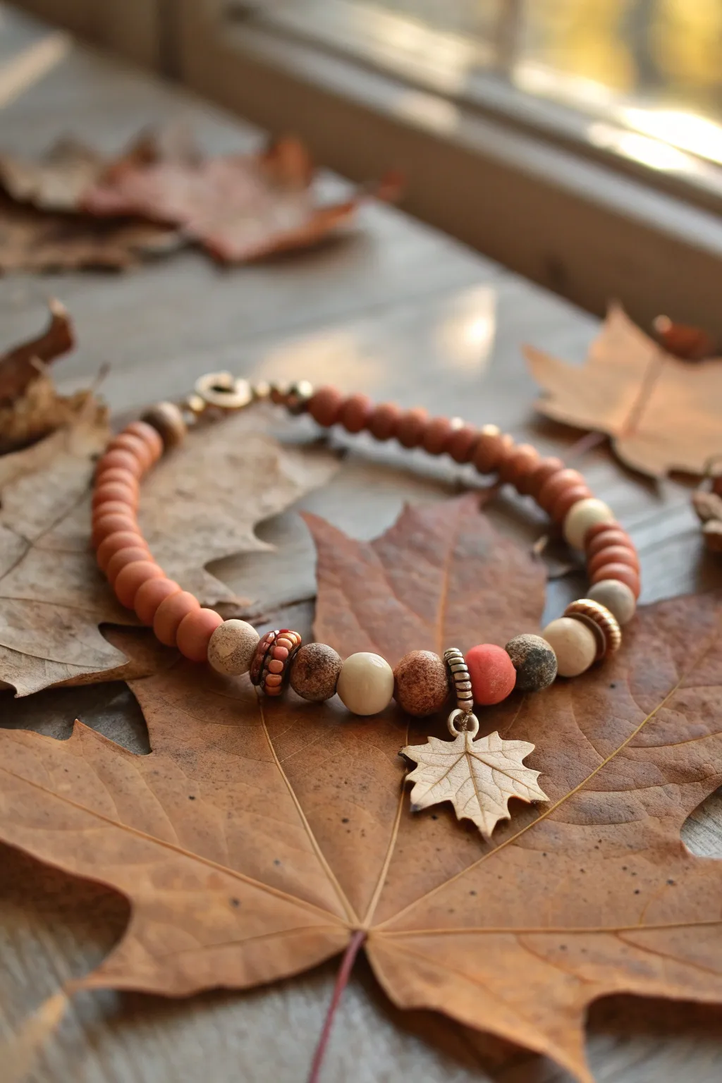Warm heishi bead bracelet with maple leaf accents, styled on crisp autumn leaves