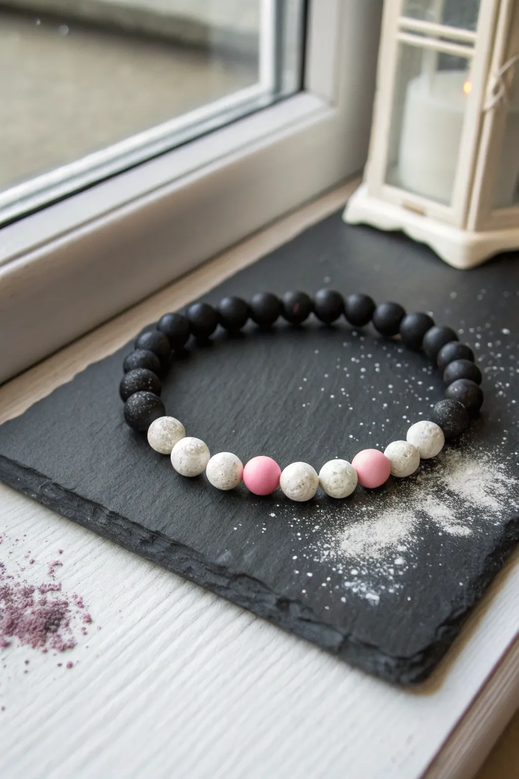 Matte black and chalk white clay beads with a soft pastel pop for back to school charm