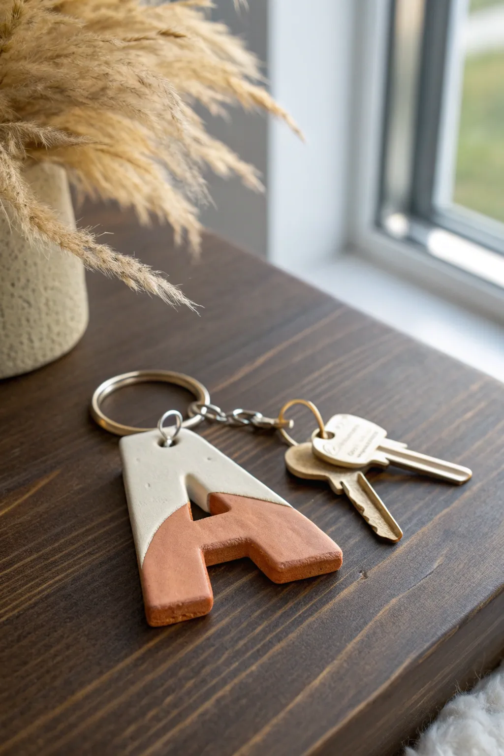 Minimalist oven-bake clay initial keychain in soft color blocks, a chic DIY gift idea.