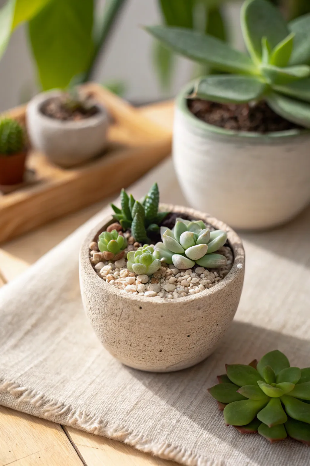Mini clay succulent garden in a tiny pot, Scandinavian minimal style with warm boho charm.