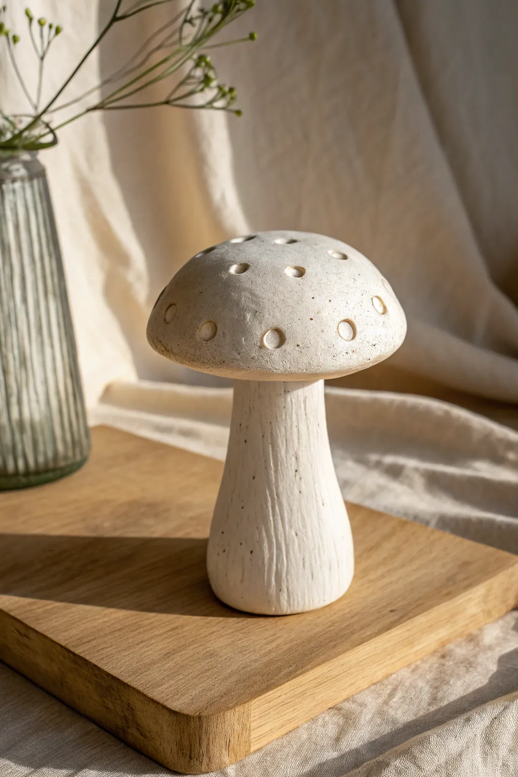 Whimsical beginner clay mushroom sculpture, minimal lines, cozy Scandinavian boho vibe