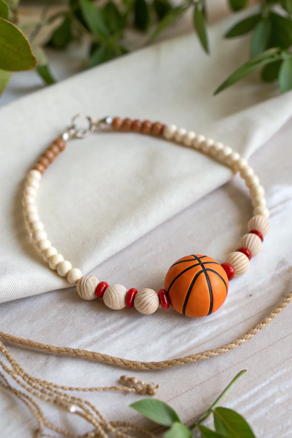 Mini hoop charm clay bead bracelet in orange, white, and red with clean minimalist heishi beads.