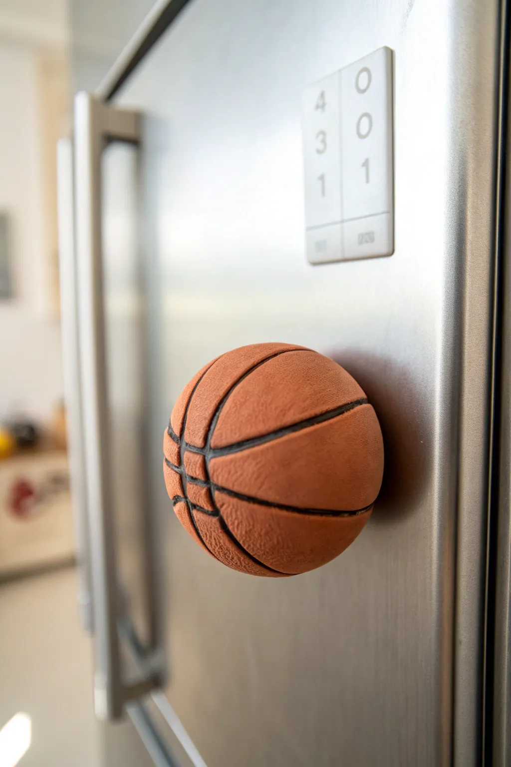 Handmade mini clay basketball magnet, a playful pop of texture on a clean minimalist metal surface