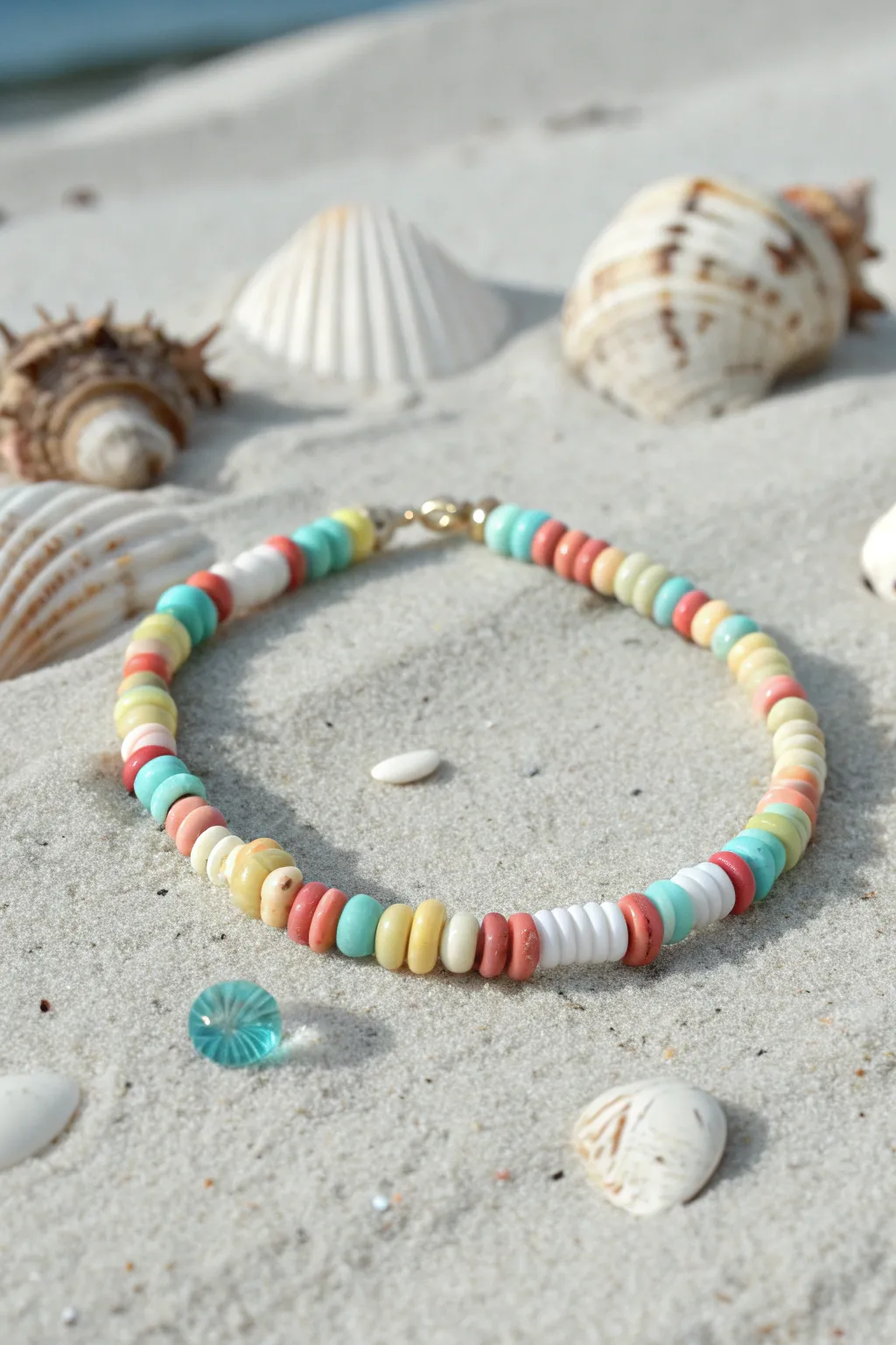 Confetti Surf Mix bracelet with bright heishi beads, styled on sand with tiny shell accents