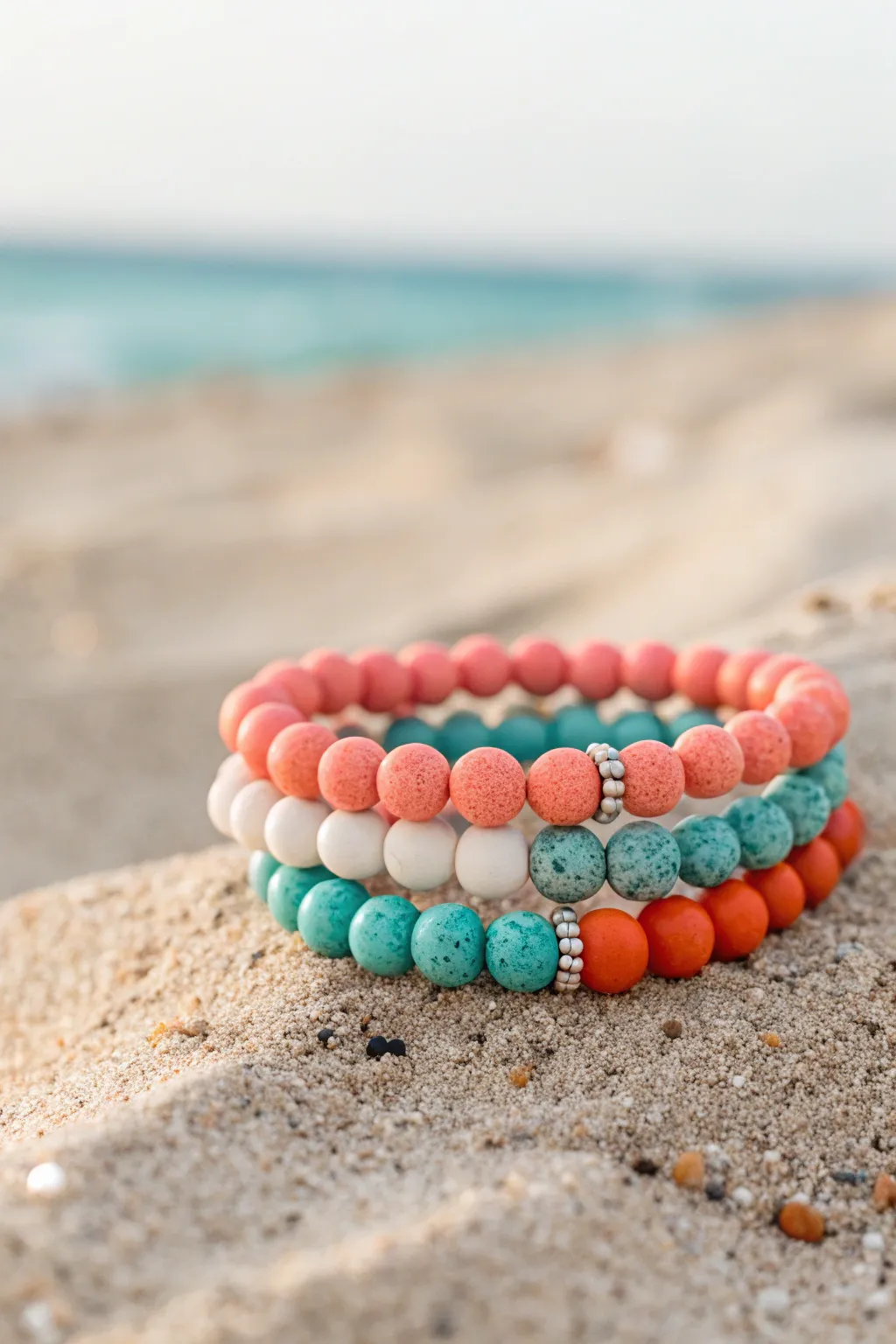 Coral, orange, and aqua clay bead bracelets stacked on sand for a bright reefy vibe.