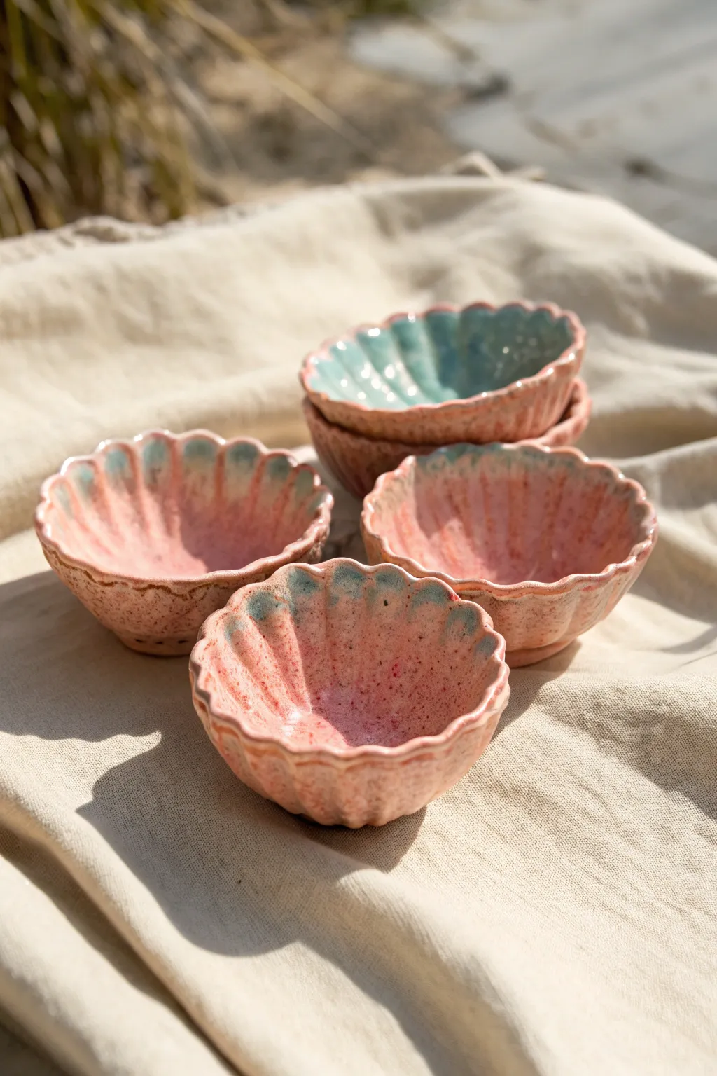 Coral-inspired pinch bowls in seafoam and blush, clustered like a tiny reef on neutral linen.