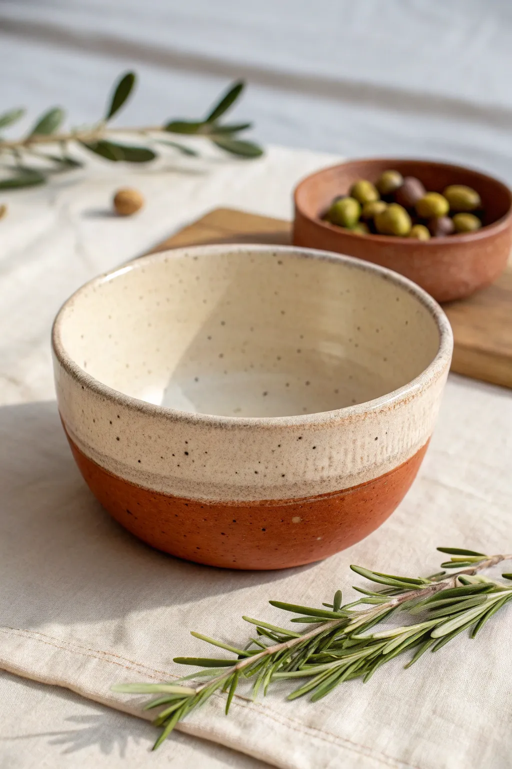 Minimal two-tone dip bowl with a crisp glaze line, styled simply for a calm Nordic look.