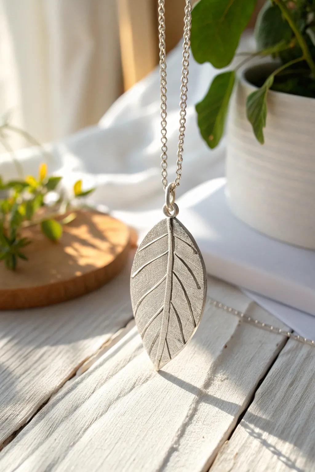 Beginner leaf silhouette silver clay pendant, clean cutout design on a delicate chain