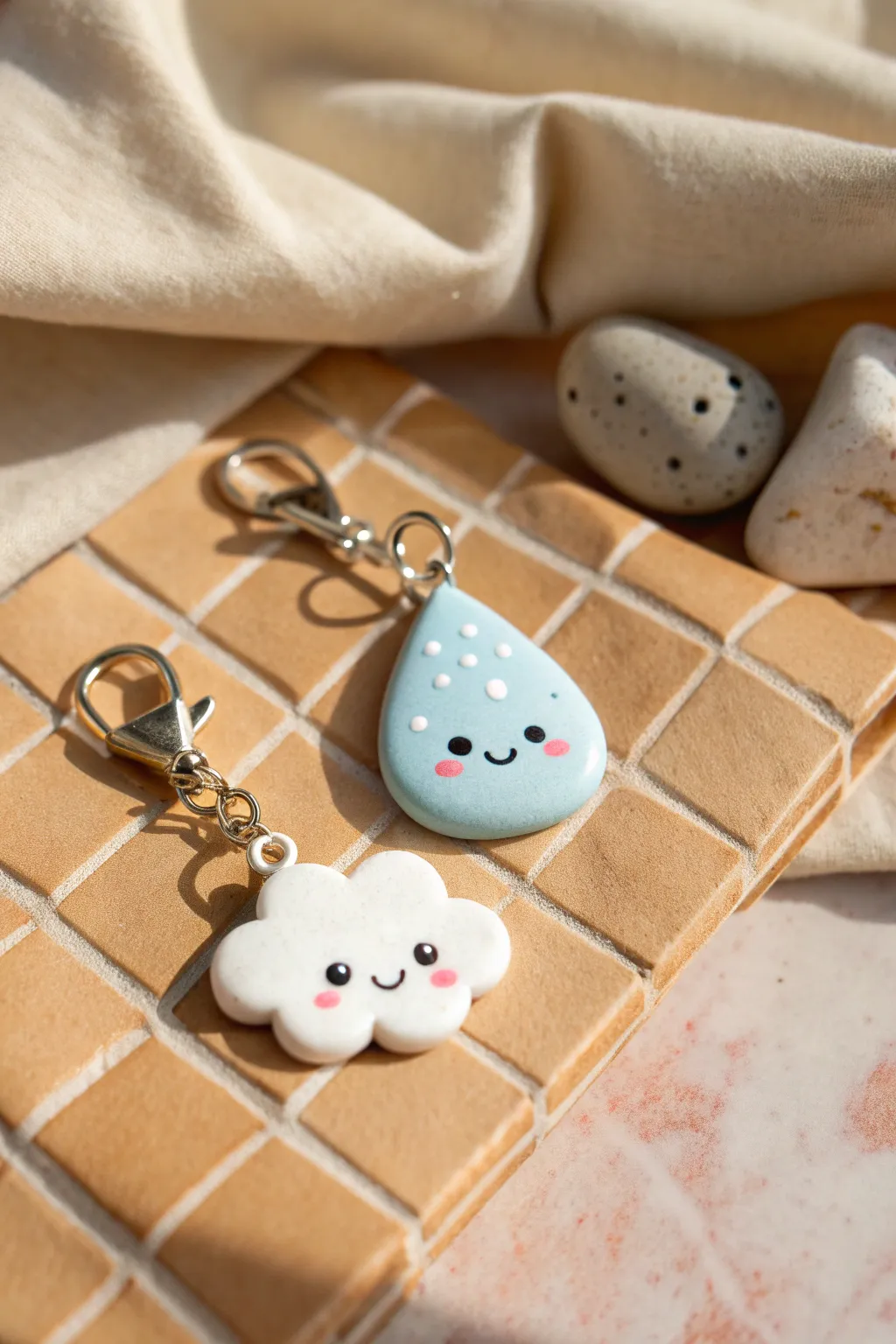 Sweet cloud and raindrop BFF charms, minimalist boho clay duo in soft pastel tones.
