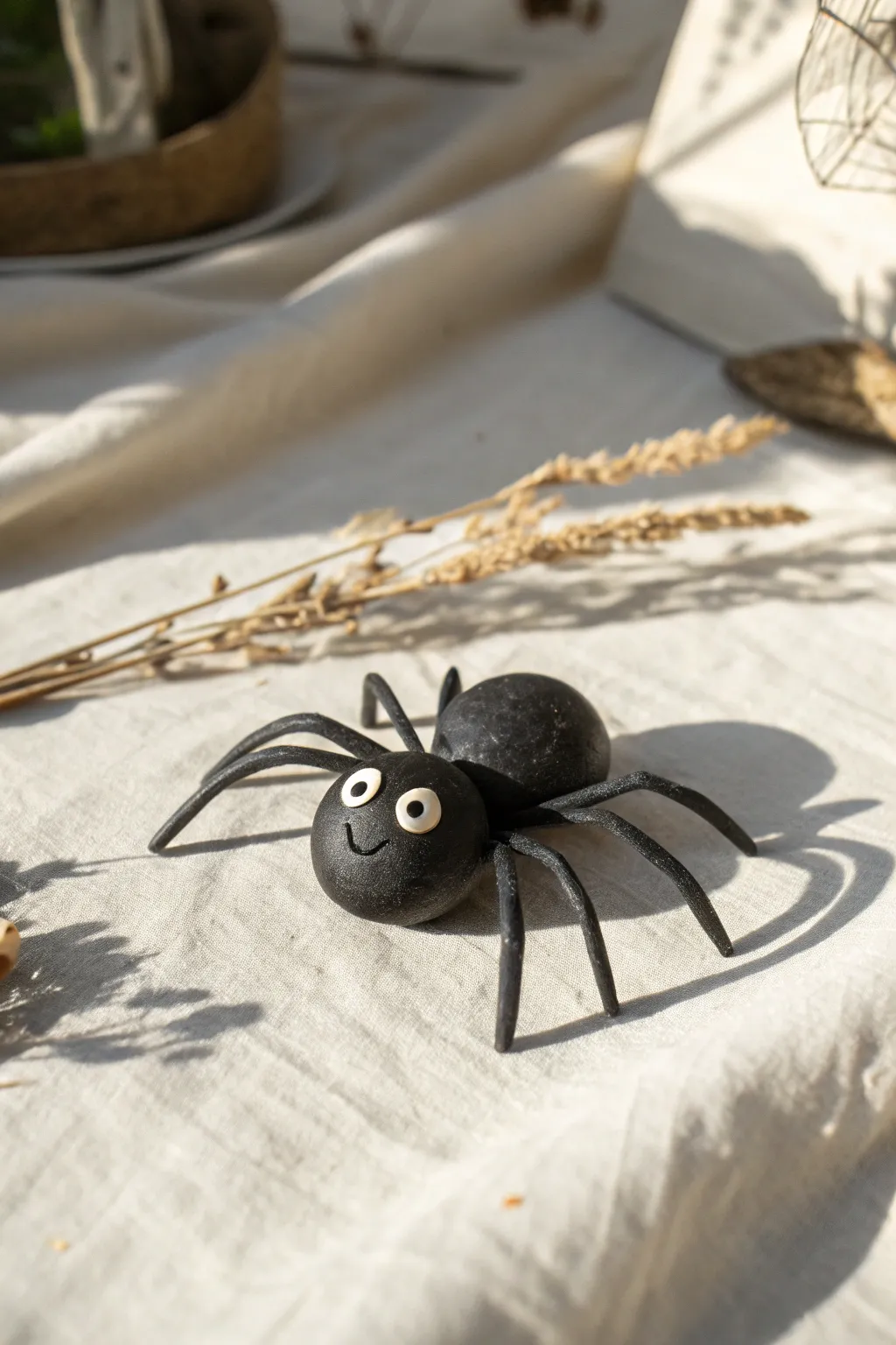 Creepy-cute black air dry clay spider on a bright neutral backdrop with bold minimalist contrast