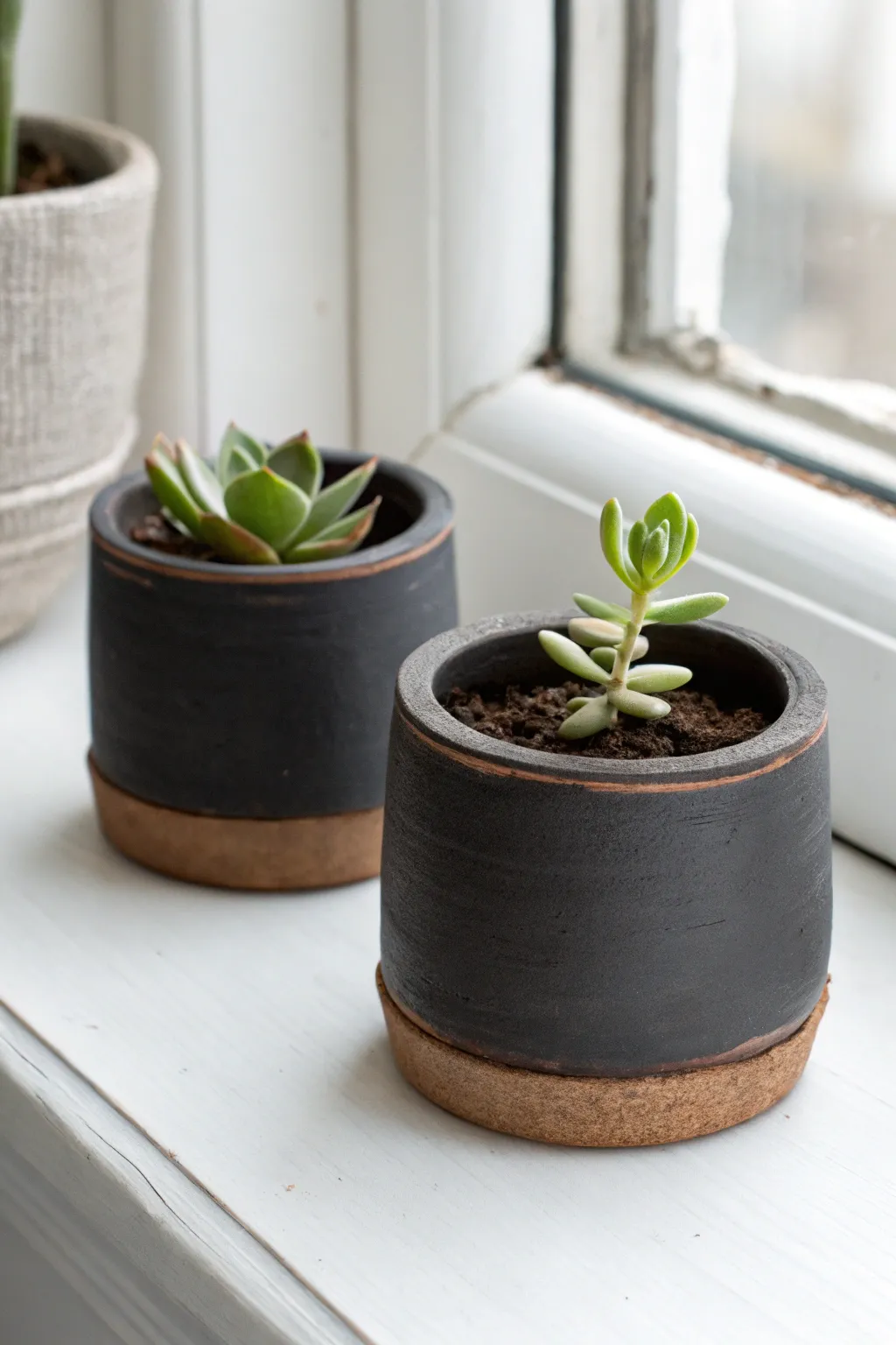 Minimal black clay planters with raw rims, softly lit on a bright sill with tiny succulents