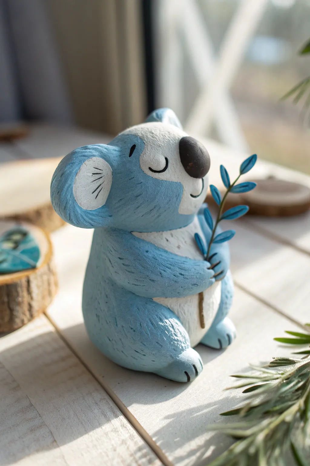 Minimal blue clay koala with a crisp white snout, hugging a tiny branch on neutral linen.