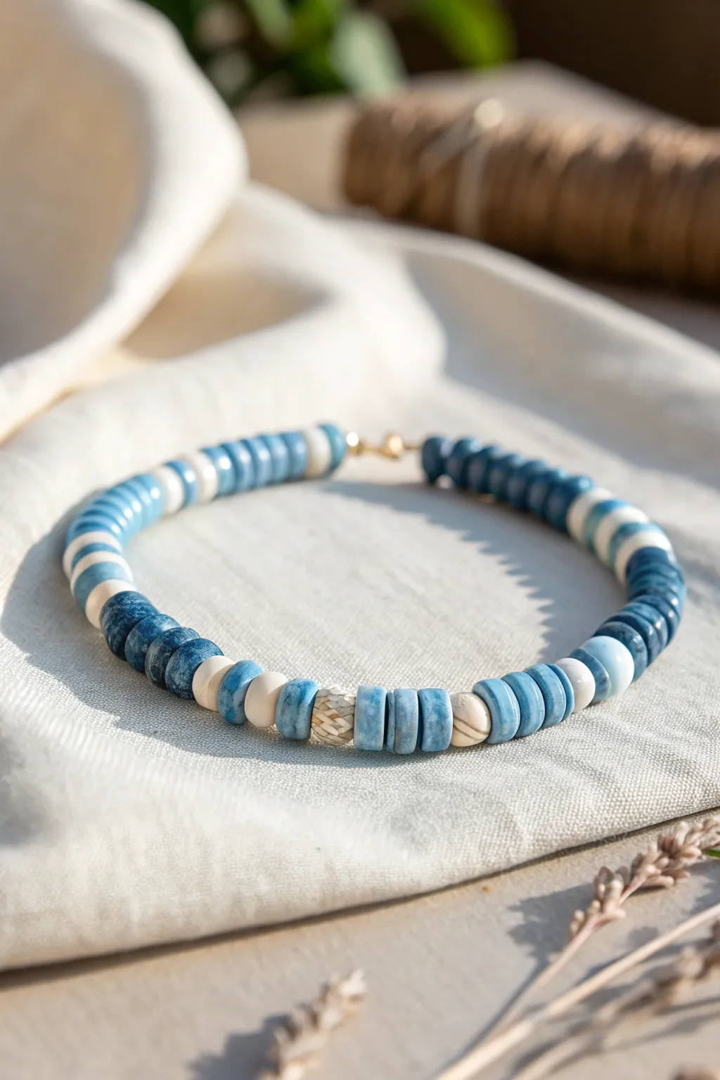 Marbled blue heishi clay bead bracelet in soft daylight, minimalist styling with boho warmth.