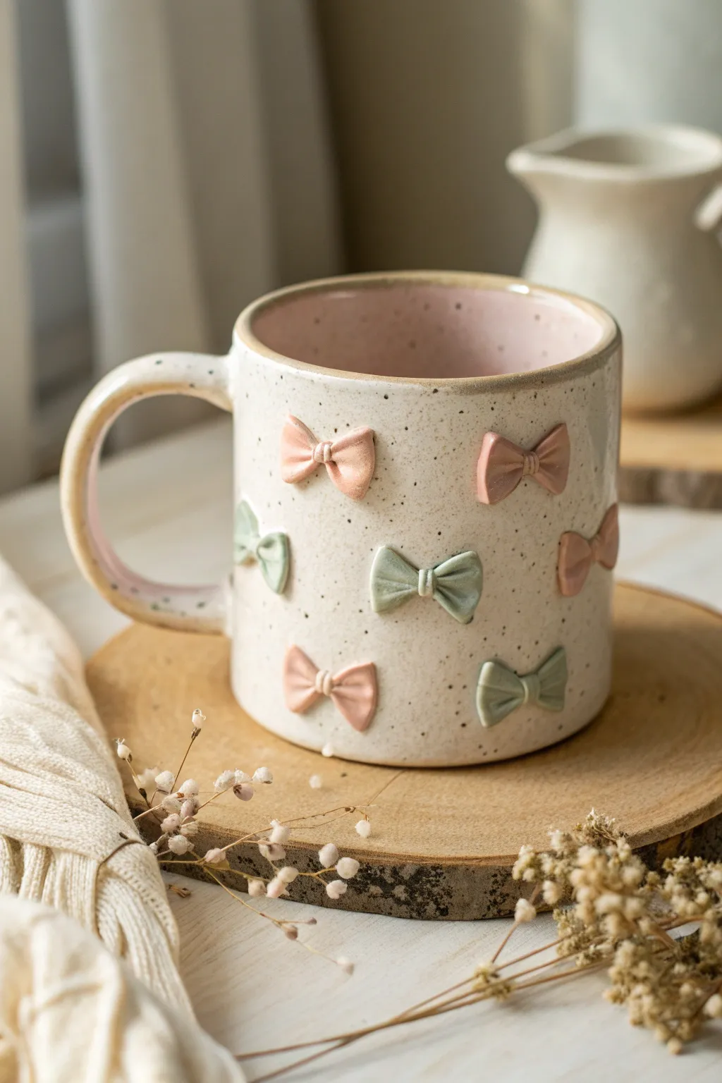 Pastel bow-decorated mug wrap in warm light, minimalist and charmingly handmade.