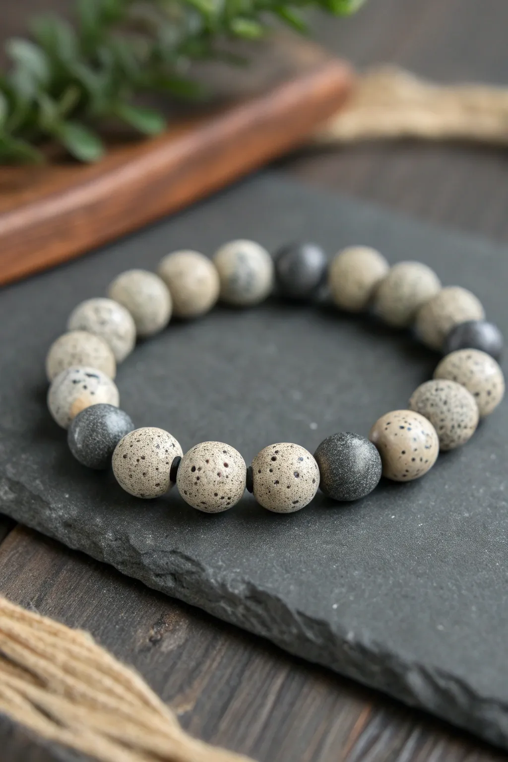 Matte stone speckle clay bead bracelet with charcoal discs, minimalist and rugged for boys.