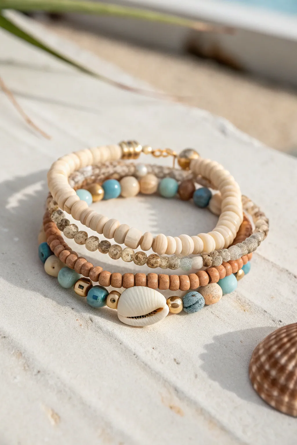 Beachy cowrie shell bracelet stack with handmade heishi clay beads in sandy neutrals and ocean blues.