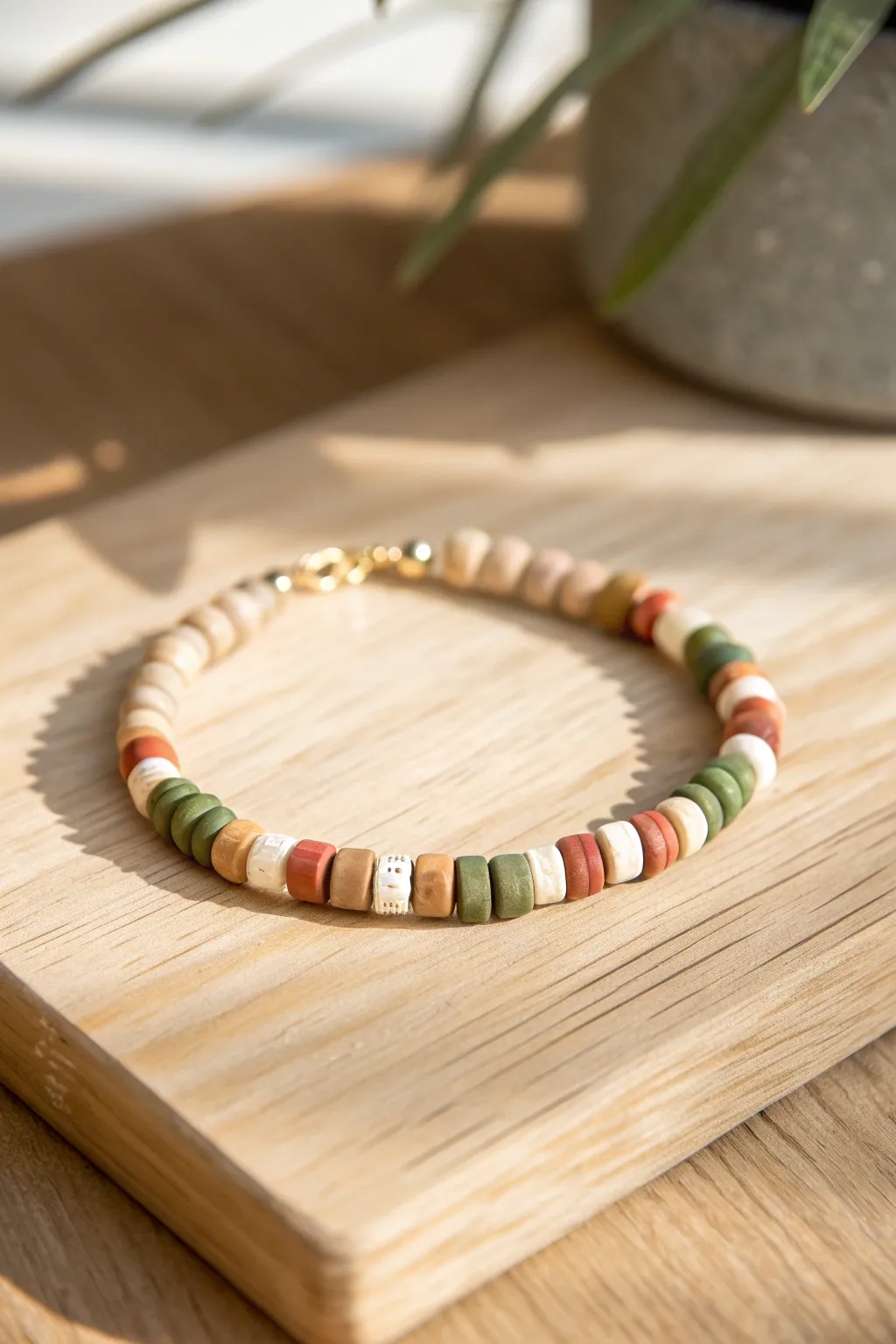 Earthy neutral heishi clay bead bracelet on oak, warm light and cozy minimalist studio mood.