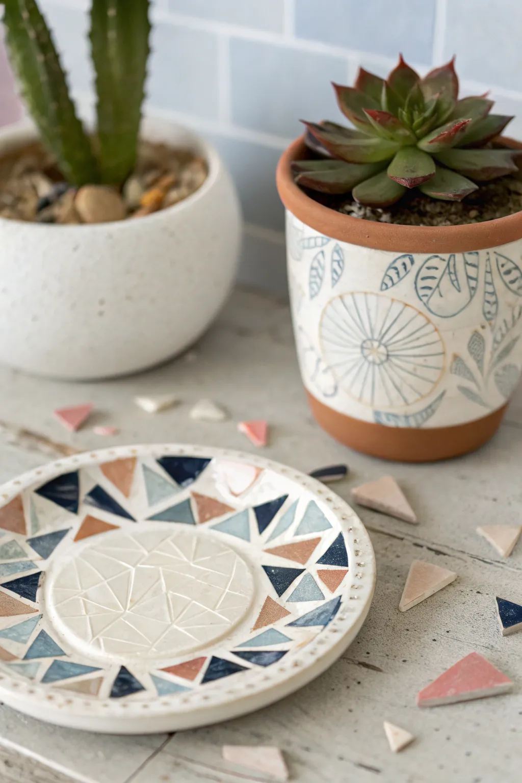Create a matching mosaic saucer with broken china for a calm, cohesive Scandinavian plant nook.