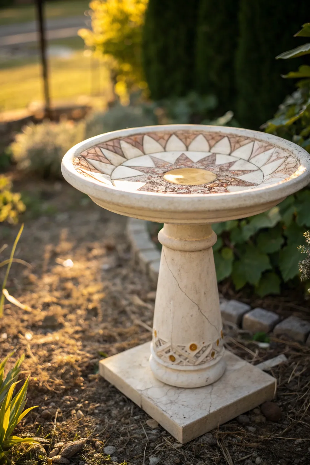 Minimal birdbath topper with broken plate sunburst mosaic, soft grout, and garden glow