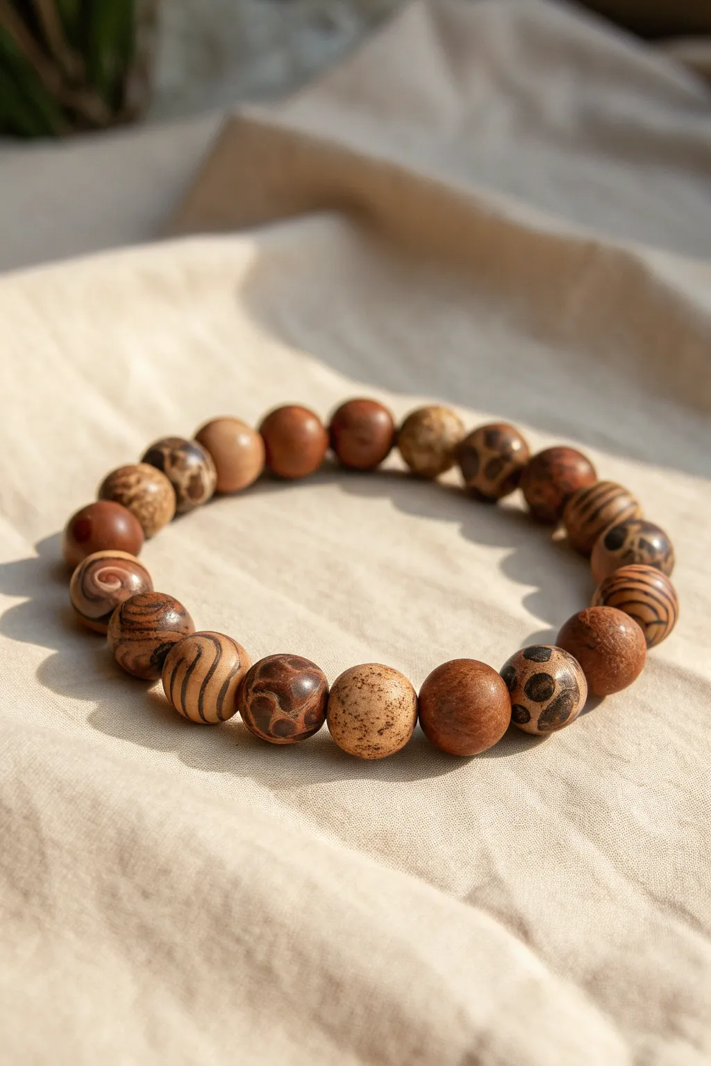 Marbled mocha swirl beads paired with matte brown heishi for a simple, earthy statement.