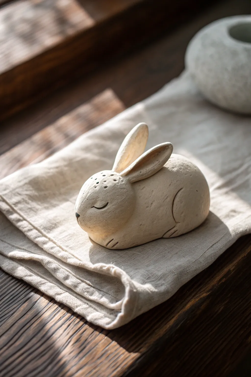Minimal sleeping bunny pocket sculpt, simple clay charm with cozy Scandinavian calm.