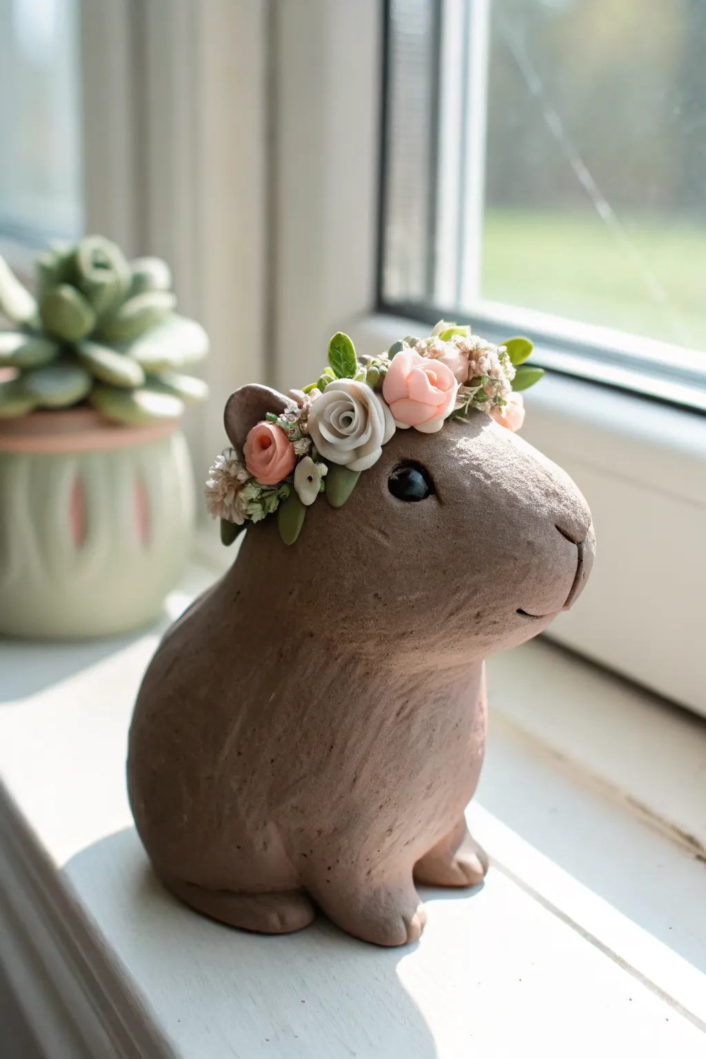 Adorable capybara clay figure with a pastel flower crown, styled in serene Scandinavian light.