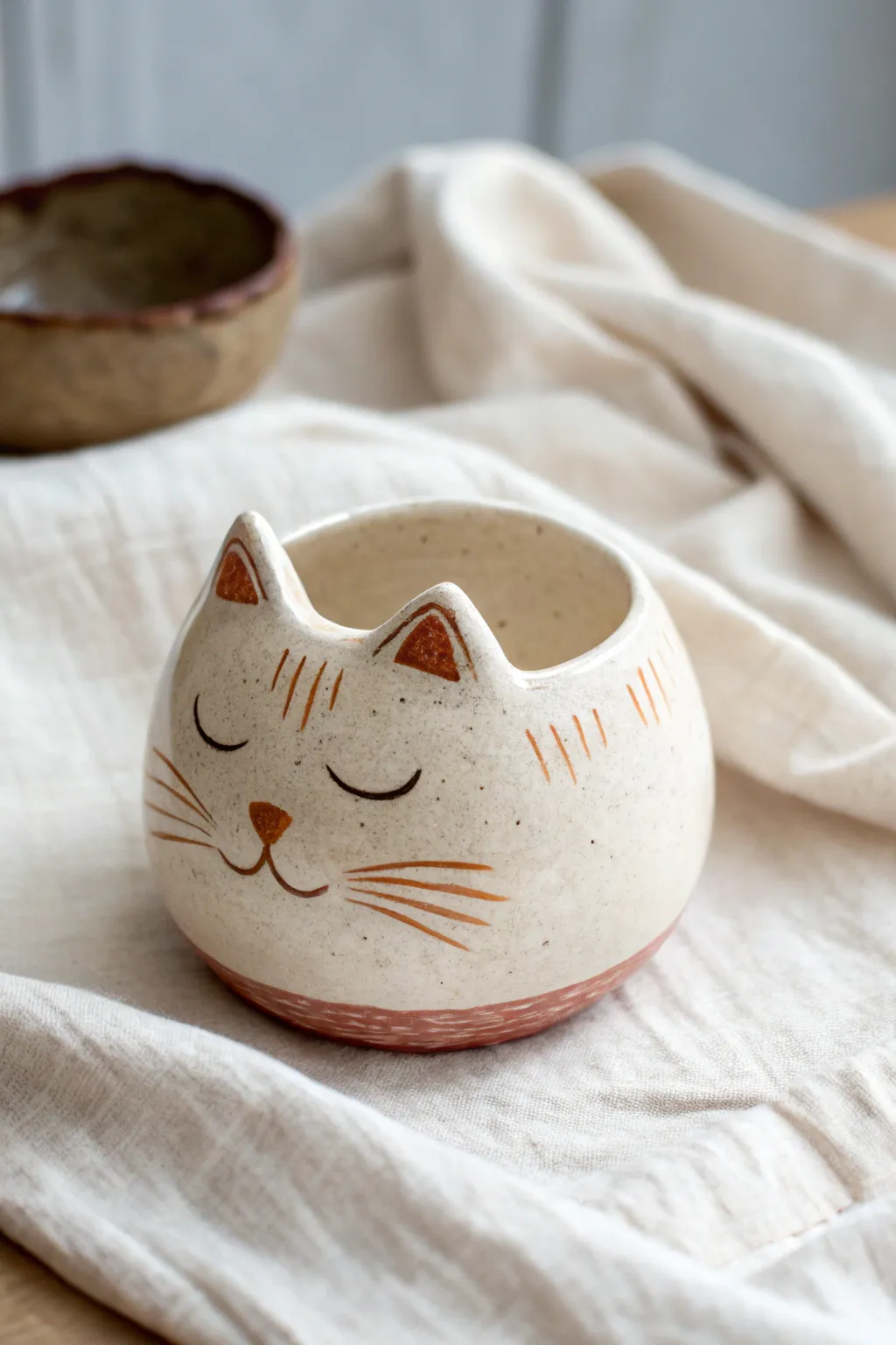 Softly textured fur marks and a smooth belly make this cat pinch pot calm and charming.