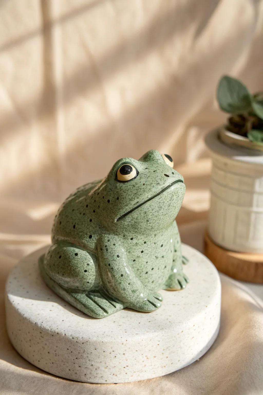 Cute bumpy-textured ceramic frog with a grumpy face, minimalist pedestal, soft Nordic light.
