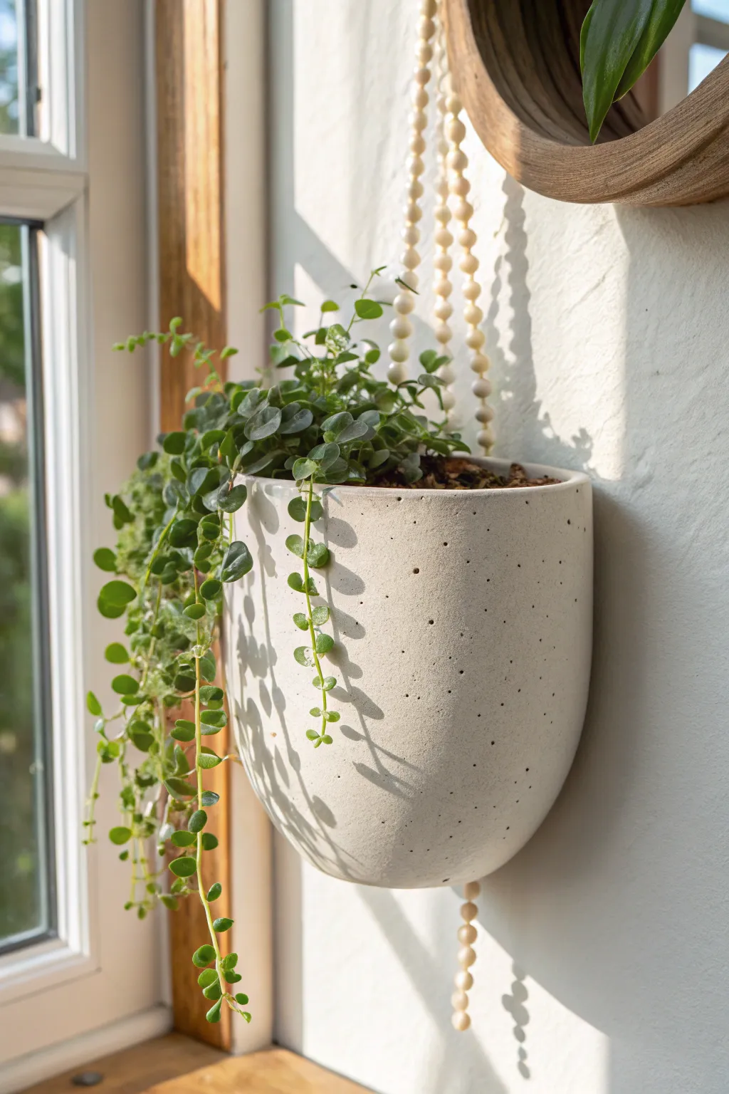Minimal ceramic wall pocket planter with trailing greenery, Scandinavian boho decor inspiration