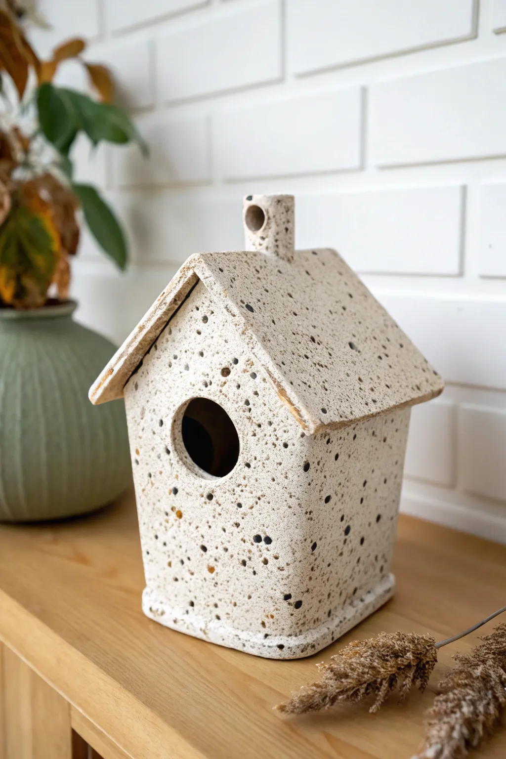 Speckled clay birdhouse with clear glaze, minimalist charm and handmade warmth.