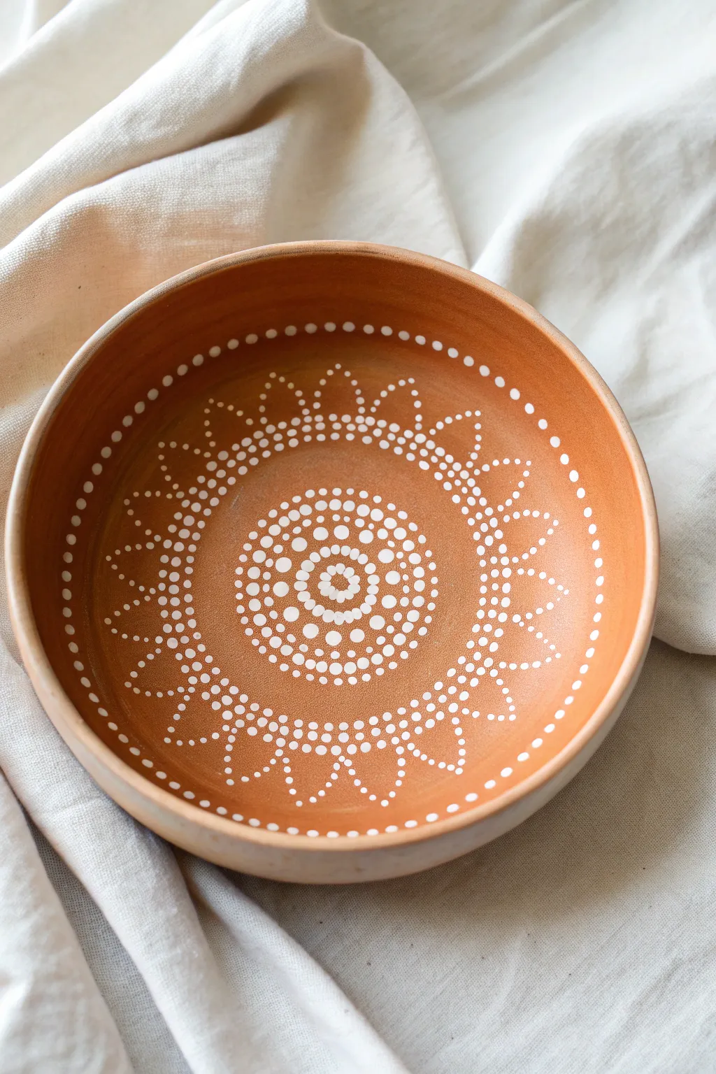 Simple two-tone mandala dot medallion bowl decor idea for calm, modern boho tables.